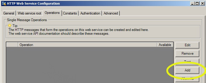HTTP Web Service Configuration - Operations tab