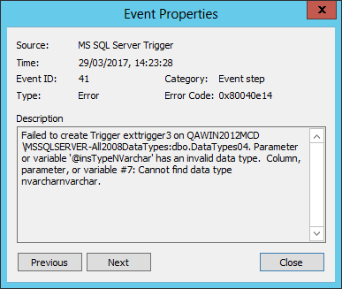 KB35708 - Error after upgrade to TaskCentre 4.7: 'Failed to create Trigger...parameter or variable has invalid data type...cannot find data type'